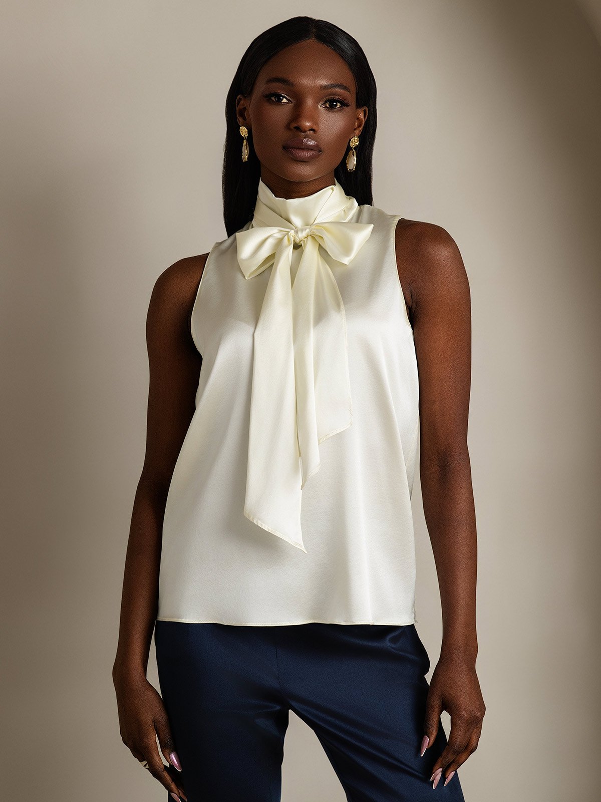 SilkSilky-AU 19Momme Silk Tie Neck Women's Shirt Ivory 001