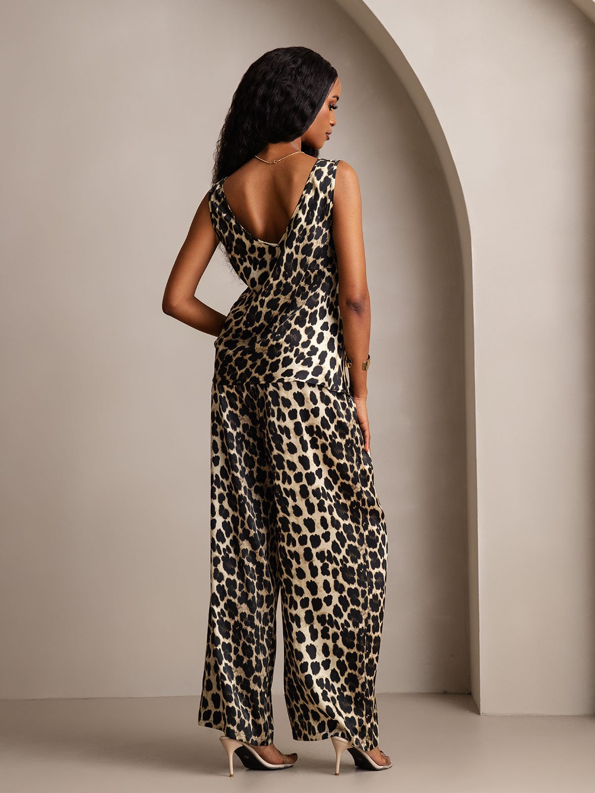 SilkSilky-AU Pure Silk V Neck Women''s Outfit Sets Leopard 002