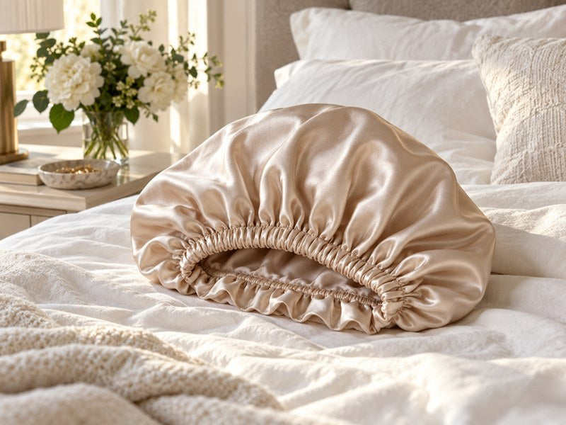 Champagne silk sleep bonnet arranged on a softly rumpled bed