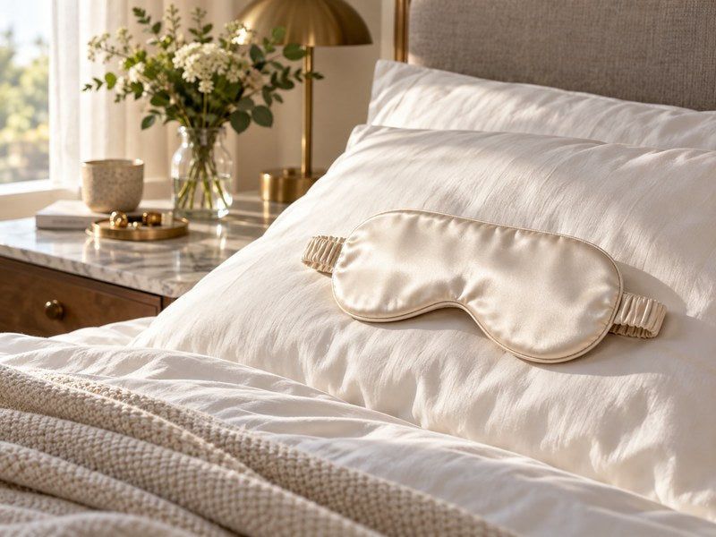 Ivory silk eye mask on a neatly made bedside pillow