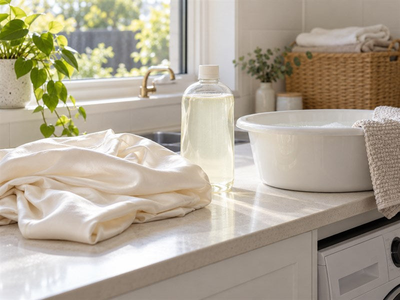 A bottle of gentle silk detergent beside folded silk fabric