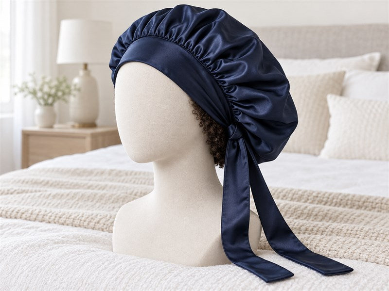 A silk bonnet laid flat to show its shape and adjustable band