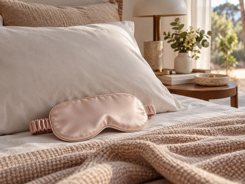 Silk eye mask beside a pillow in a softly lit Australian bedroom