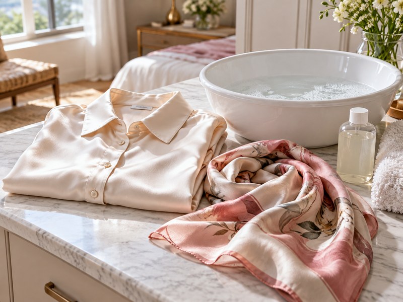 Silk blouse and scarf prepared beside a clean wash basin