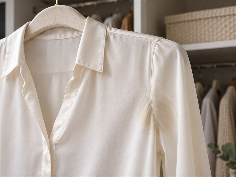 Ivory silk blouse with a faint underarm mark and a clean cloth