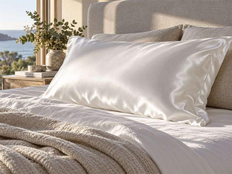 Ivory silk pillowcase on a softly lit bed