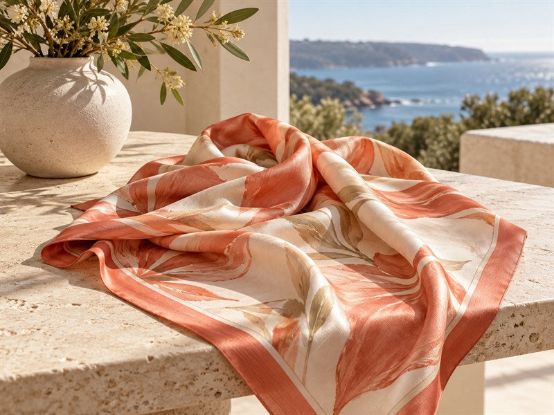 Printed silk scarf folded on a light stone surface