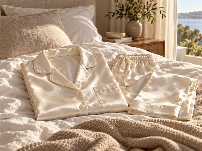 Folded silk pyjama set on a softly made bed