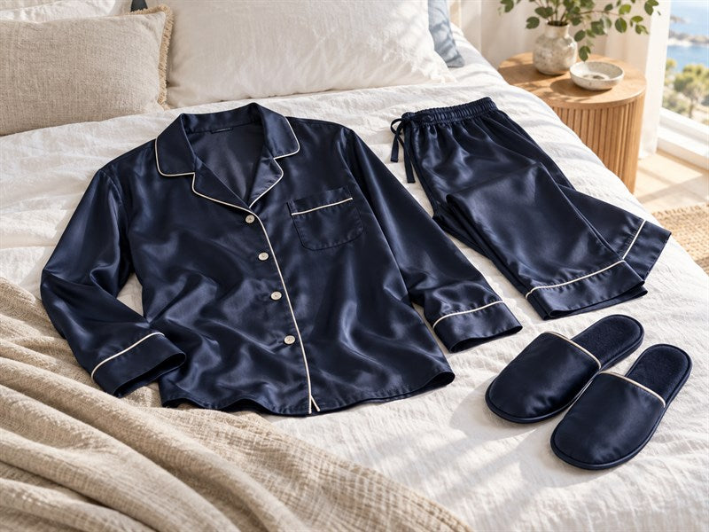 Navy silk pyjama set arranged on a bed