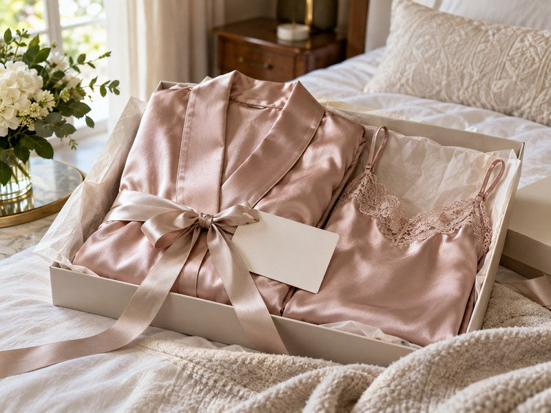 Tastefully folded silk robe and camisole gift set with a neutral ribbon