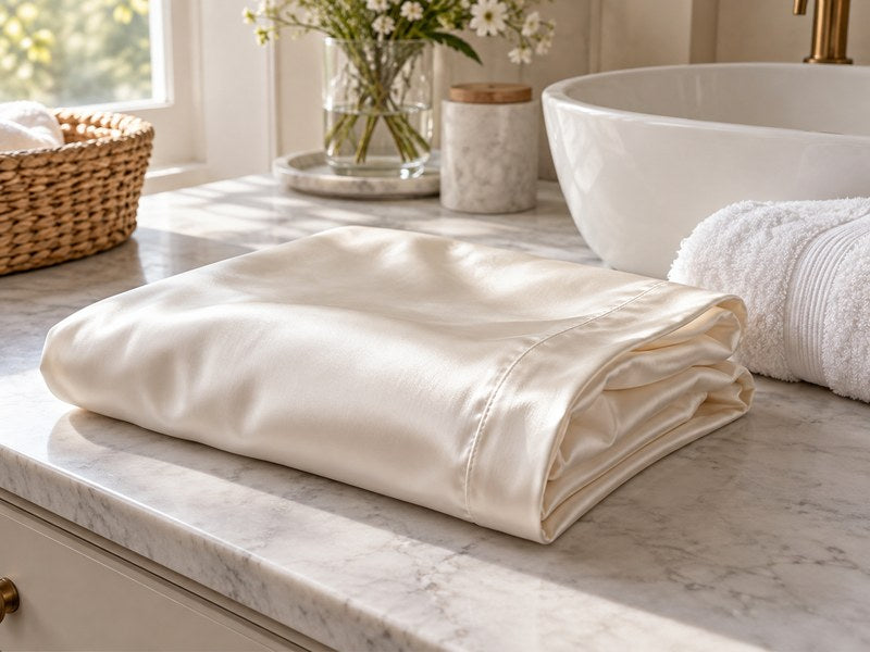 Ivory silk pillowcase beside a clean basin and folded towel