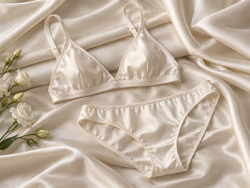 Ivory silk lingerie set arranged on folded fabric