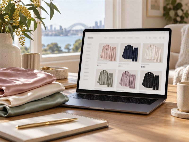 Silk pyjama options displayed on a laptop beside folded fabric
