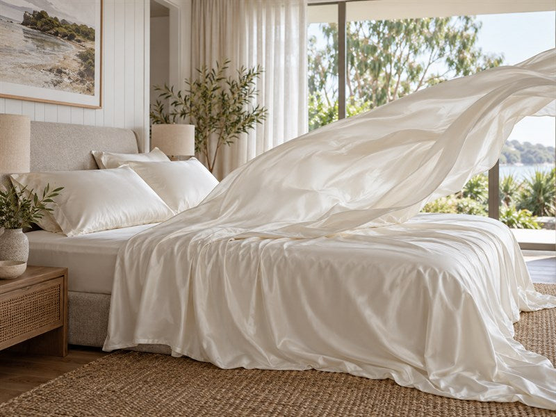 Fresh silk sheets airing in a shaded, bright bedroom