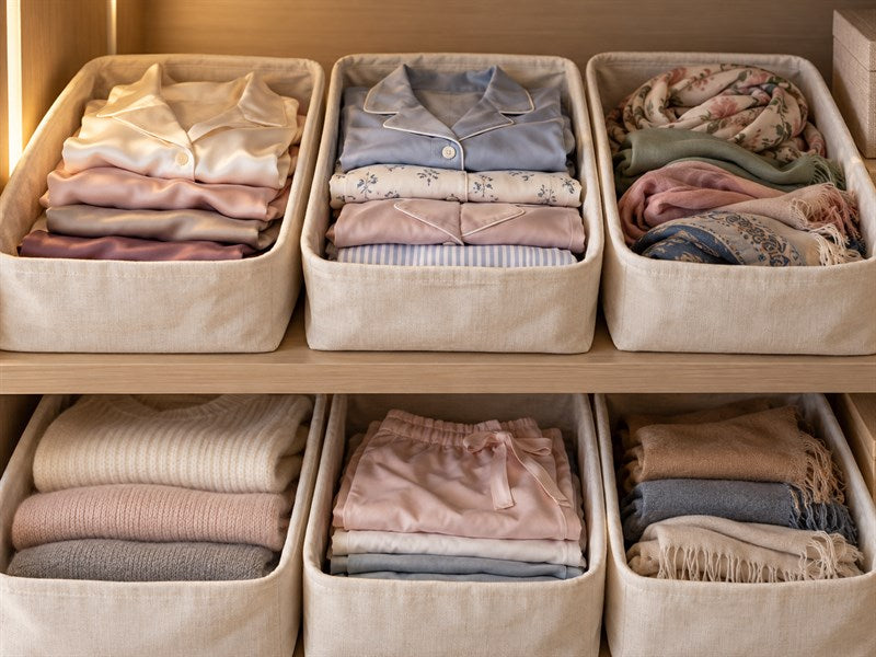 Silk clothing folded in breathable wardrobe organisers