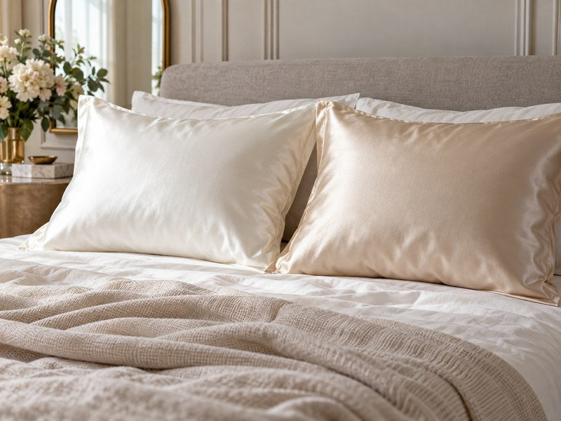 Silk and satin pillowcases arranged side by side in neutral colours
