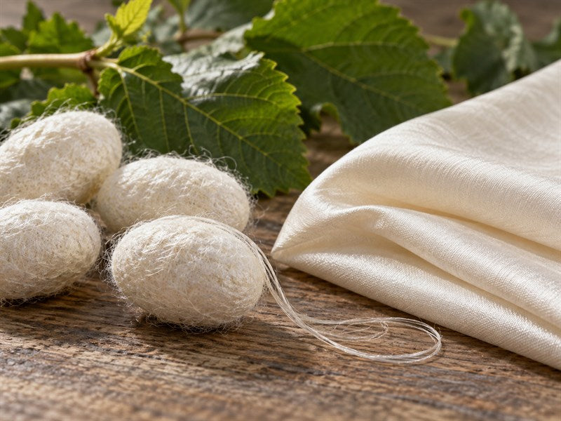 Silkworm cocoons and fine silk filament on mulberry leaves