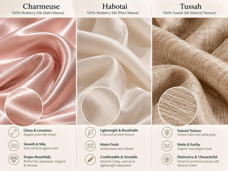 Types of silk fabric comparison chart showing mulberry silk charmeuse and habotai