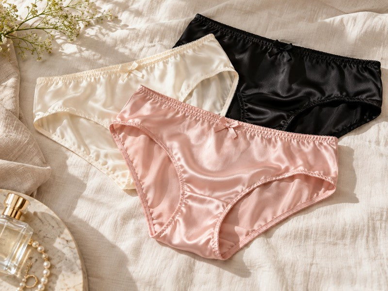 Breathable pure mulberry silk underwear for women laid flat on linen