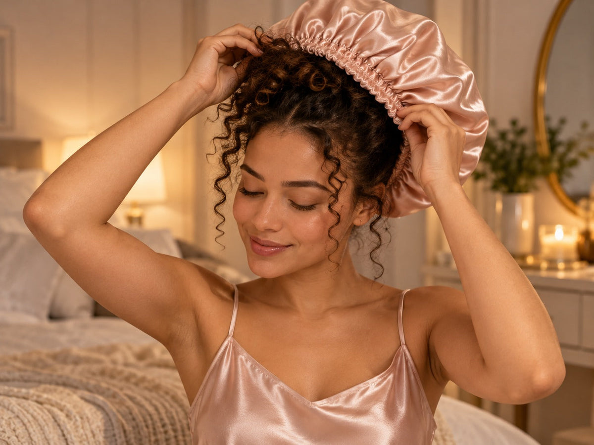 Woman putting naturally curly hair into a pure mulberry silk bonnet