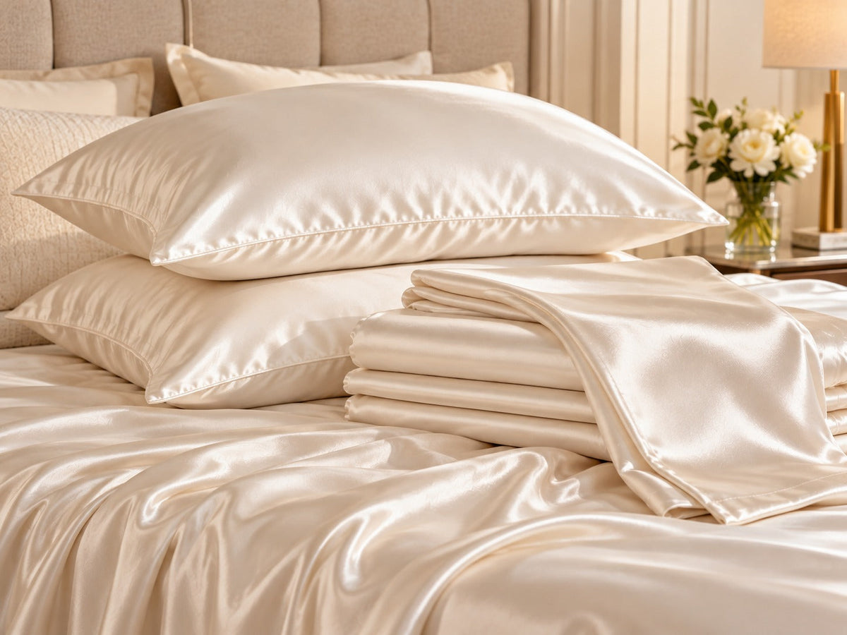 图片内容建议: A stack of pristine ivory mulberry silk sheets and pillowcases resting neatly on a luxury bed.