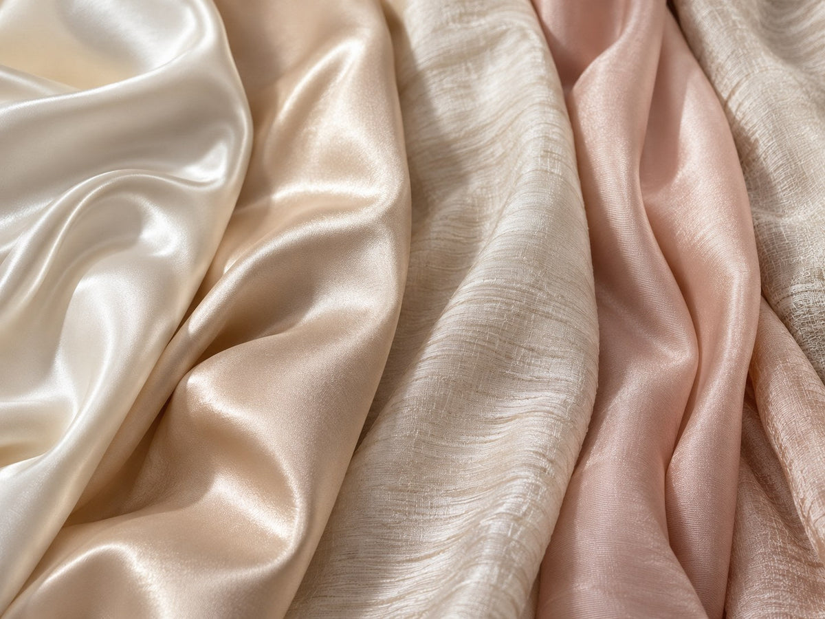 Different types of silk fabric swatches showing texture