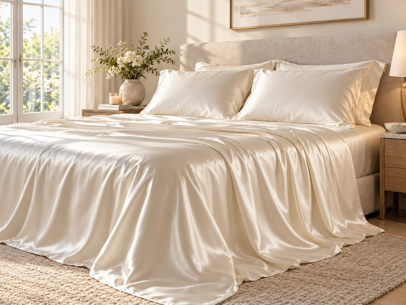 Luxury mulberry silk sheets styled on a modern bed in a calm bedroom