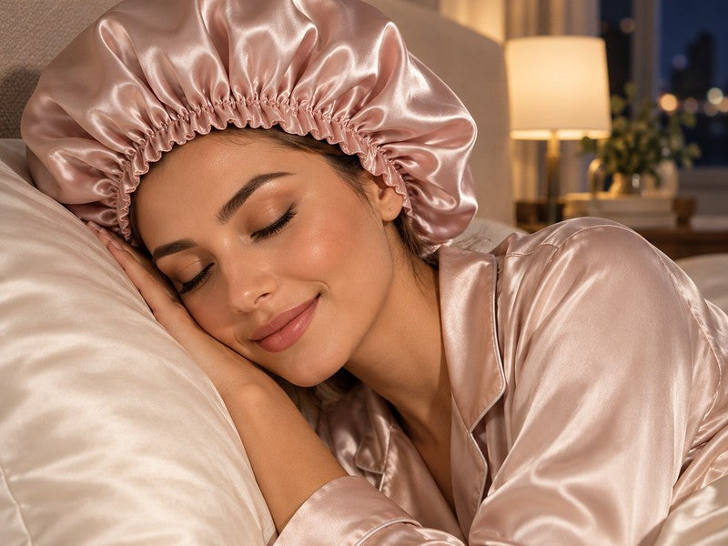 Pure mulberry silk bonnet protecting hair from friction and moisture loss overnight