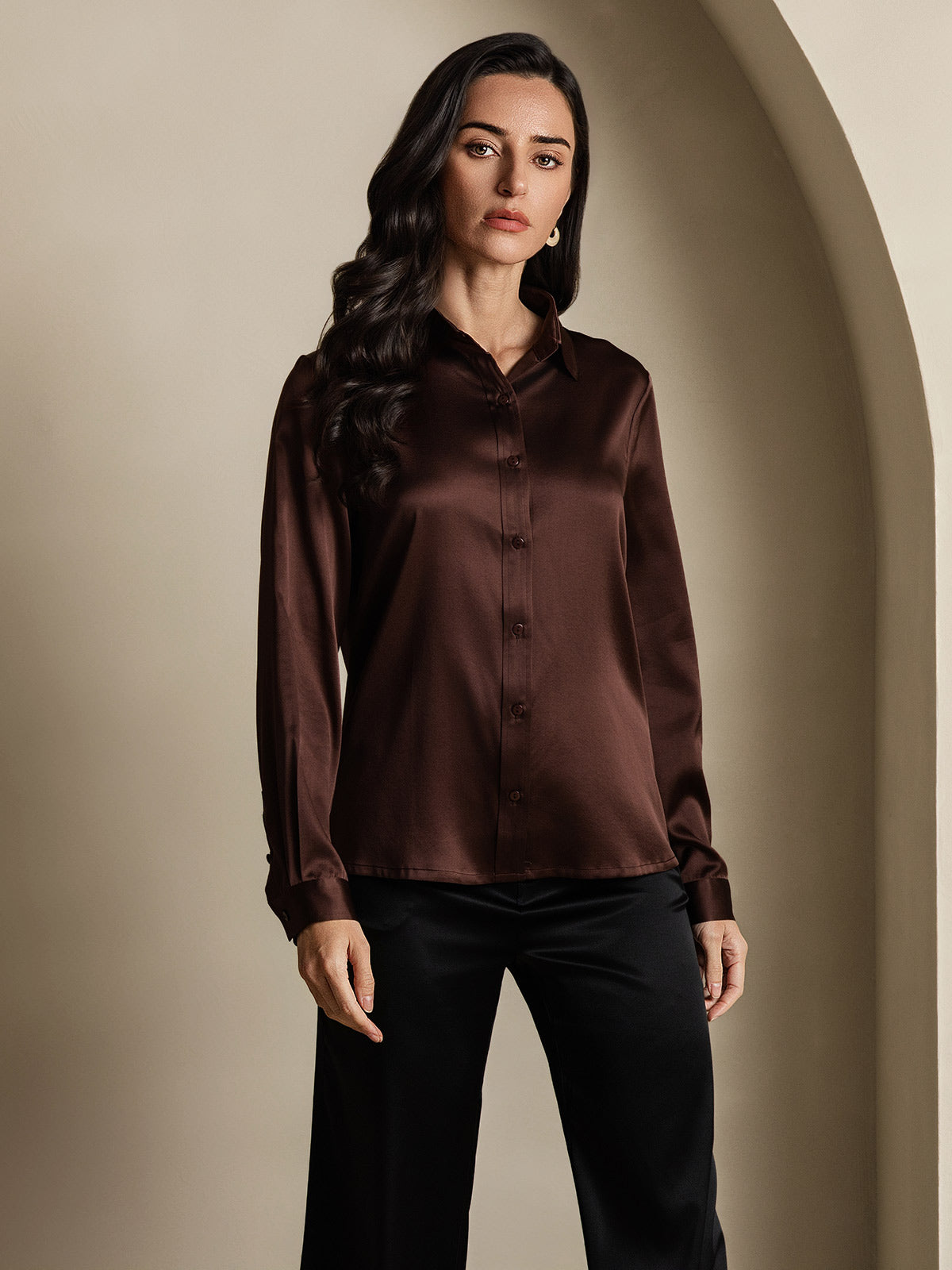 SilkSilky-AU 19Momme Silk Long Sleeve Collar Women's Shirt Coffee 001