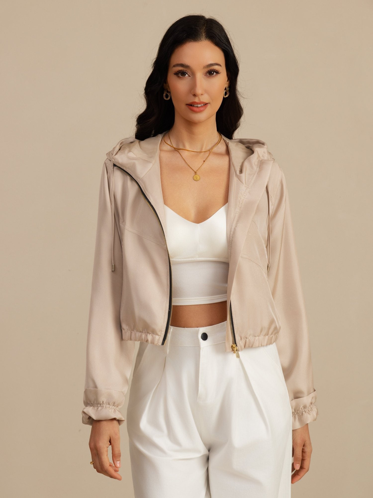 [Tan] SilkSilky-AU 18Momme Silk Satin Surah Long Sleeve High Neck Women's Outerwear 005