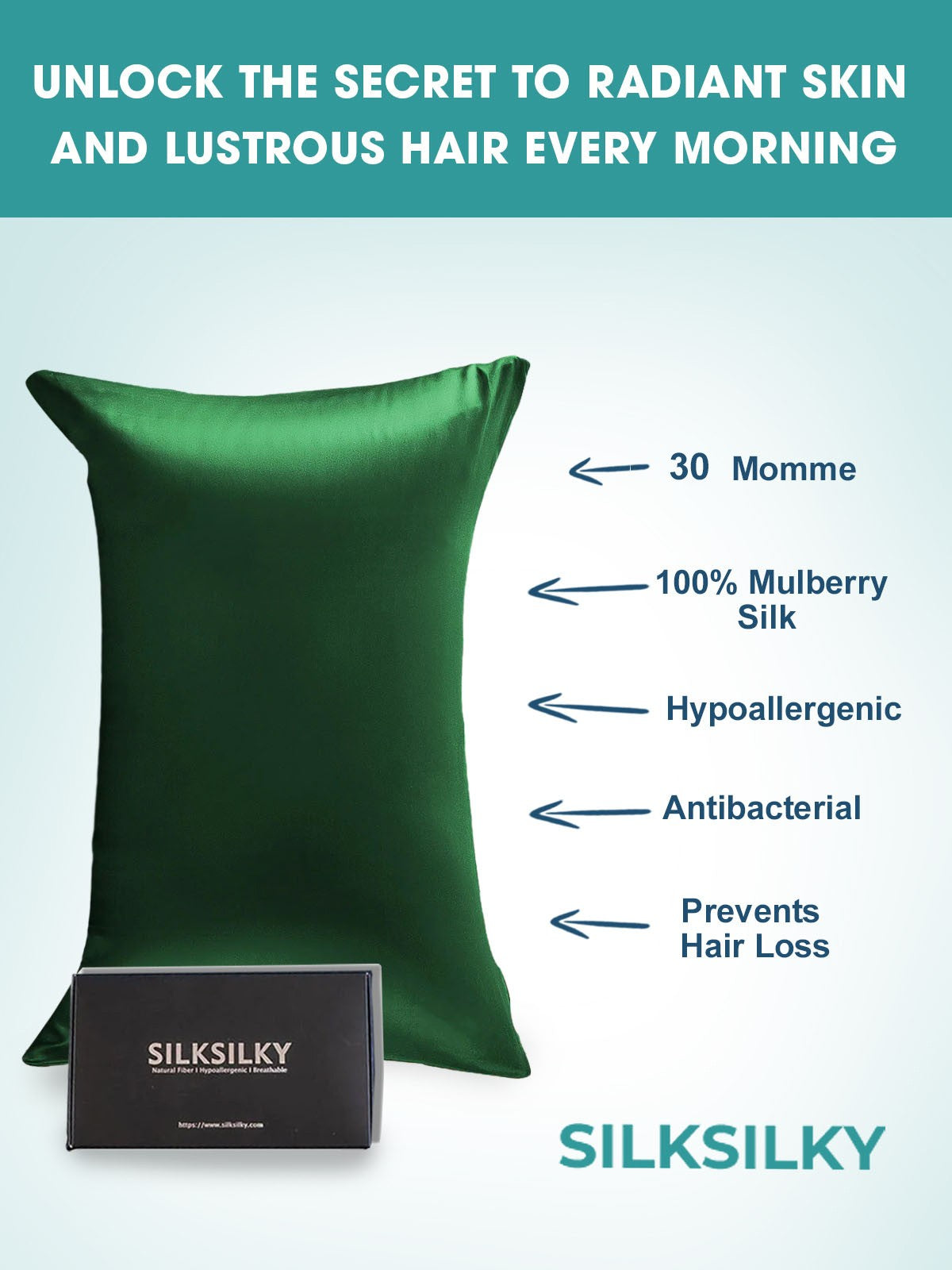 SilkSilky AU 30Momme Pure Silk Pillowcase DarkGreen 002