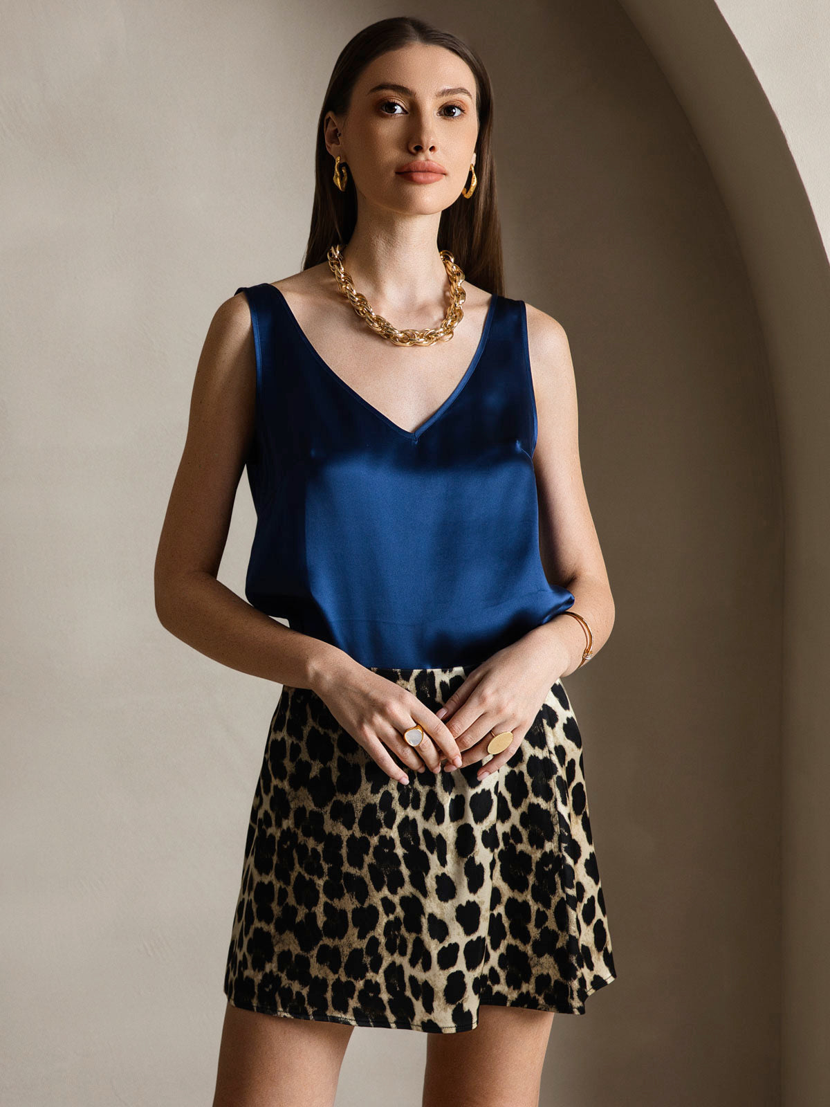 [Dark Blue] SilkSilky-AU 19Momme Silk V Neck Camisole 001