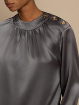 [Dark Gray] SilkSilky-AU 19Momme Stretch Silk Charmeuse Long Sleeve Round Neck Blouse 006
