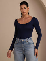 [Dark Blue] SilkSilky-AU Long Sleeve U Neck Women's T-Shirt 001
