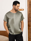 SilkSilky AU Pure Silk Short Sleeve V Neck Men's T Shirt GrayishGreen 003