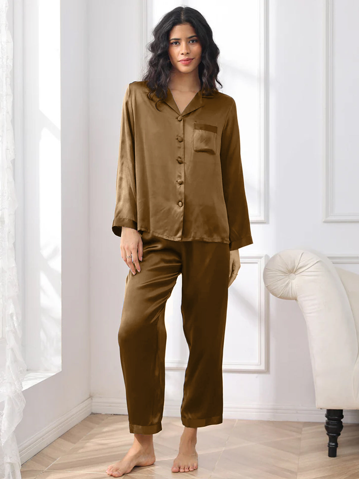 [Brown] SilkSilky-AU Pure Silk Womens Pajamas 001