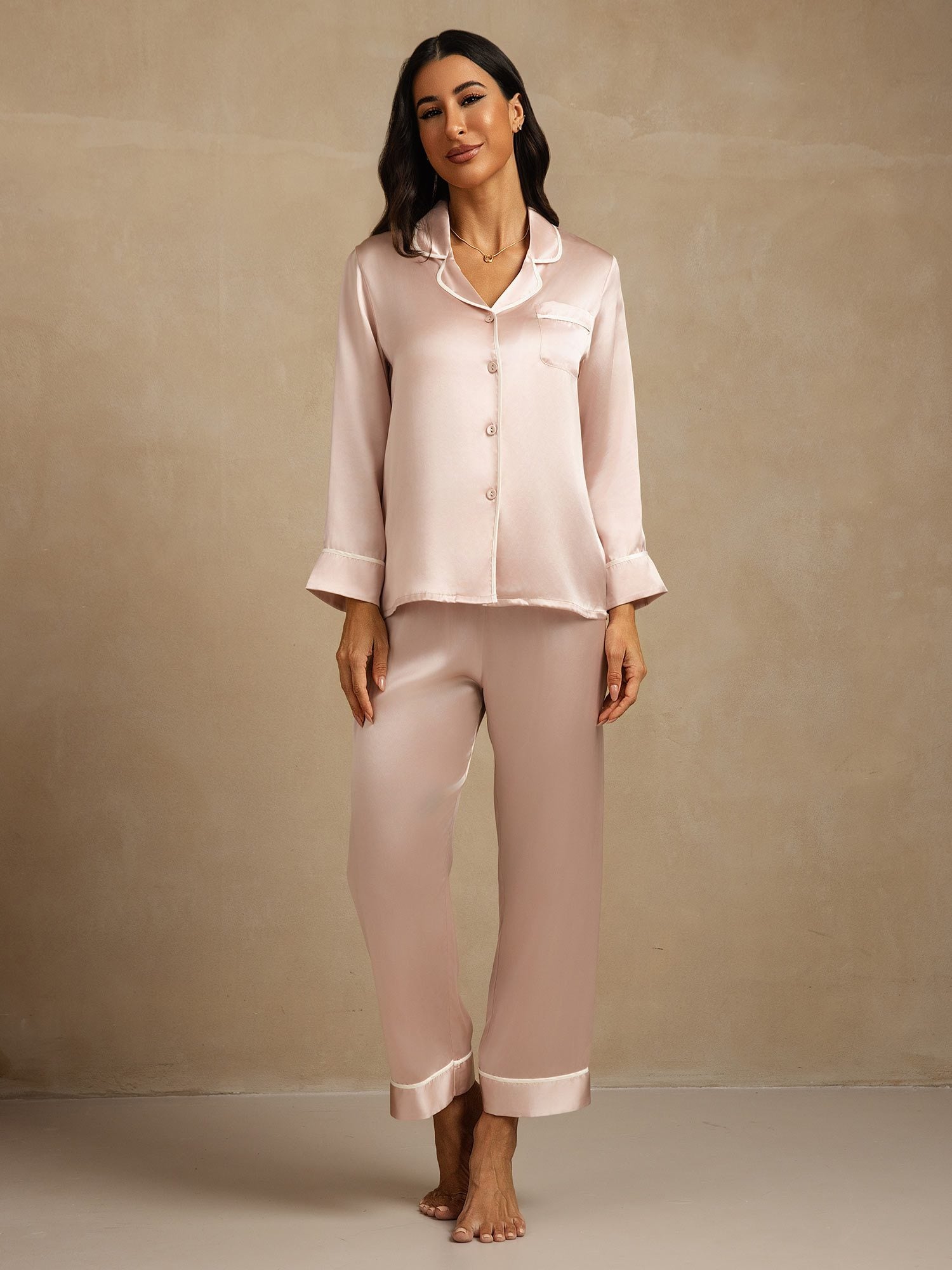 [Pink] SilkSilky-AU Pure Silk Lapel Collar Women's Pyjamas 007