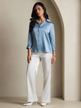 [Grayish Blue] SilkSilky-AU 19Momme Stretch Silk Charmeuse 3/4 Sleeve Lapel Collar Women's Shirt 005