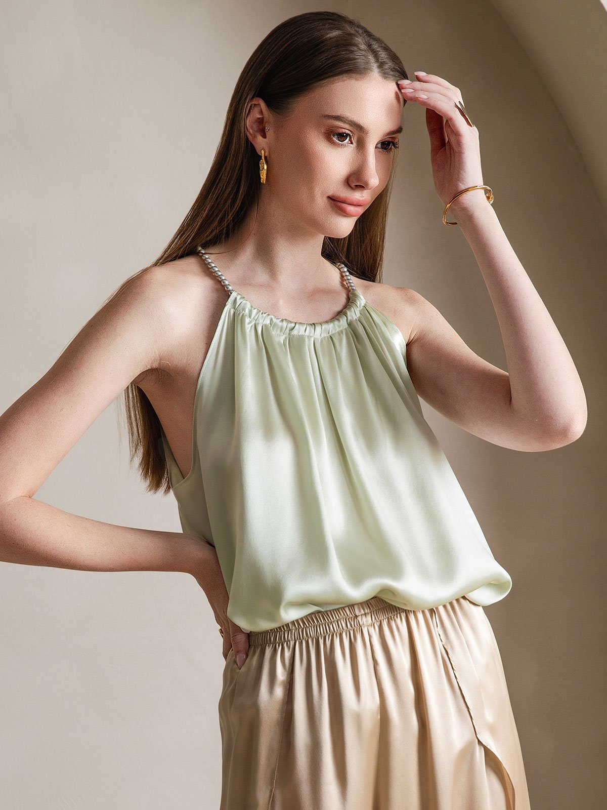 SilkSilky-AU 19Momme Silk Sleeveless Round Neck Camisole LightGreen 003