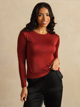 [Fired Brick] SilkSilky-AU 100% Silk Jersey Long Sleeve Crew Neck Women's T-Shirt 003