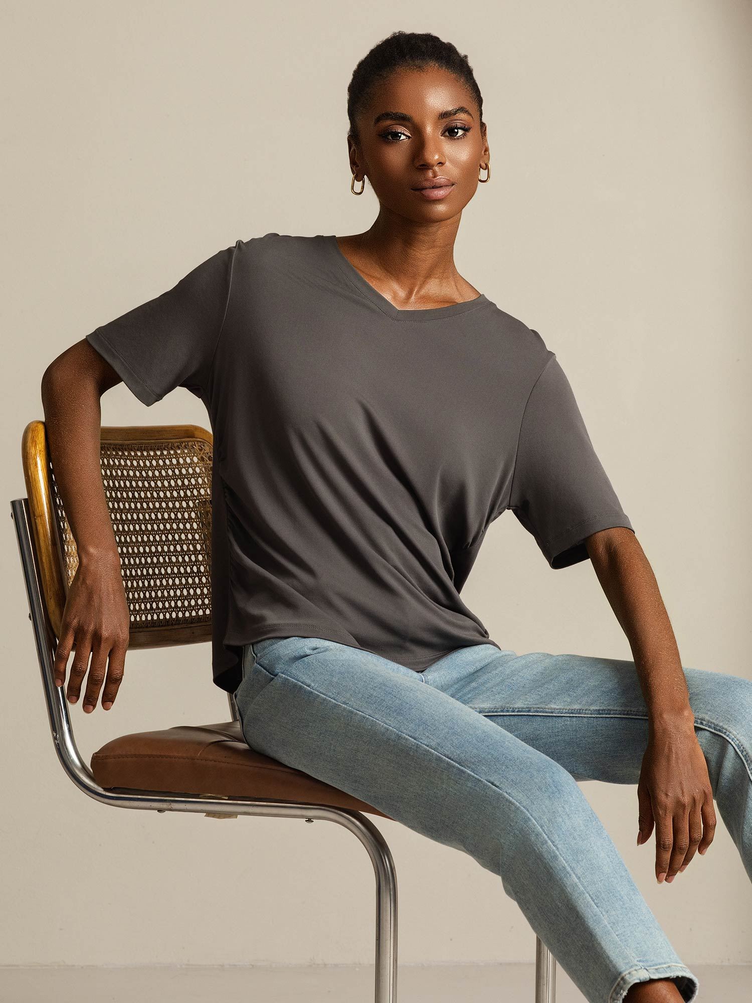 [Gray] SilkSilky-AU Pure Silk V Neck Women's T-Shirt 007