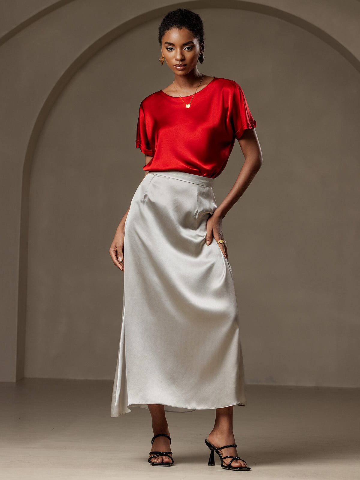 [Wine] SilkSilky-AU 19Momme Silk Short Sleeve Round Neck Women's T-Shirt 006