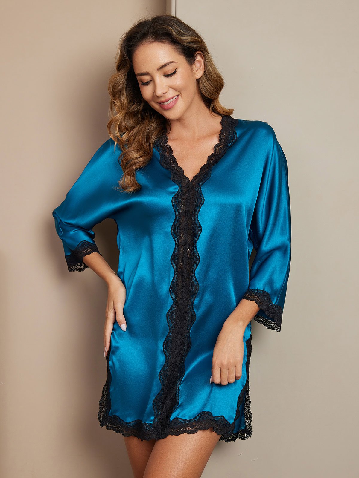 SilkSilky AU Pure Silk 3/4 Sleeve V Neck Nightgown Teal 001