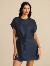 [Dark Blue] SilkSilky-AU 18Momme Silk Satin Surah Cap Sleeve Henley Neck Dress 001