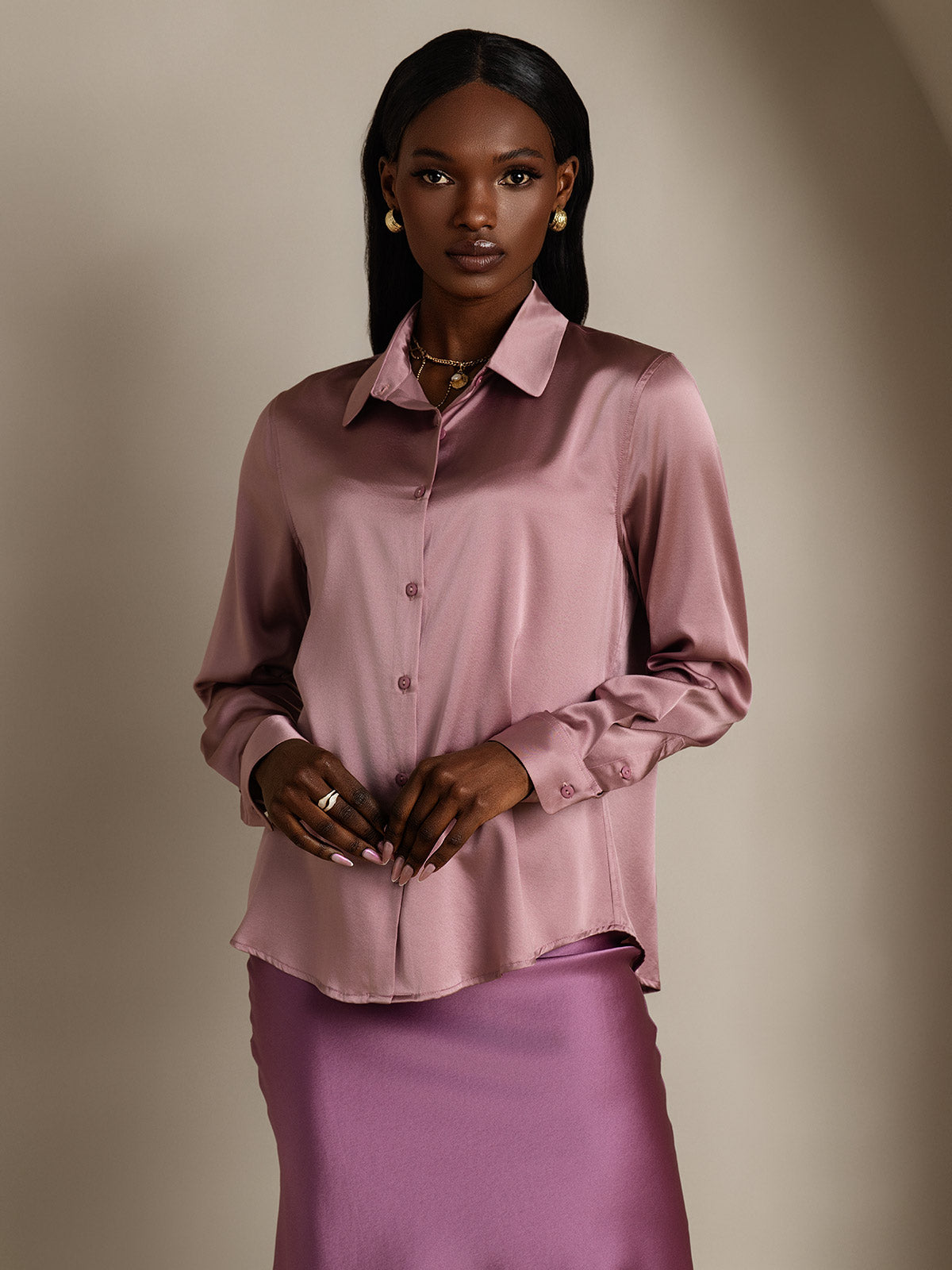 [Pale Mauve] SilkSilky-AU 19Momme Stretch Silk Charmeuse Long Sleeve Lapel Collar Women's Shirt 005