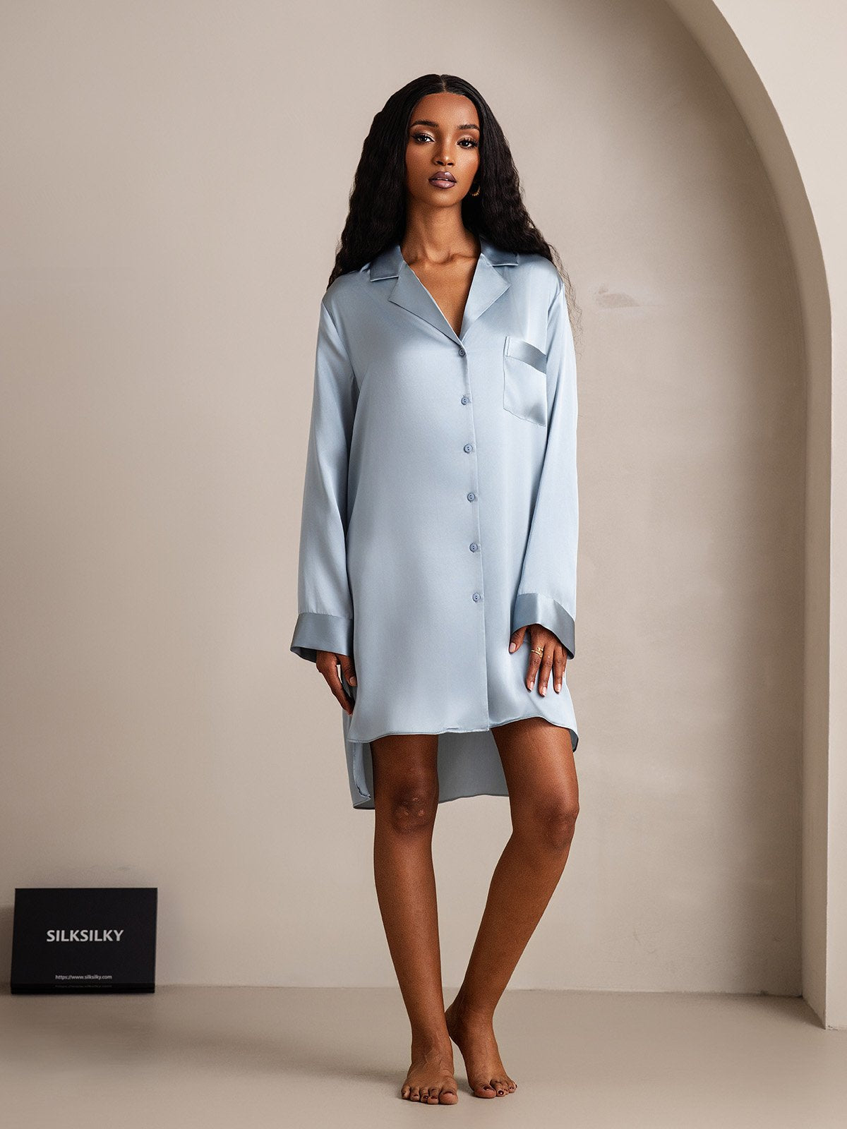 [GrayishBlue] SilkSilky-AU Pure Silk Lapel Collar Nightgown 005
