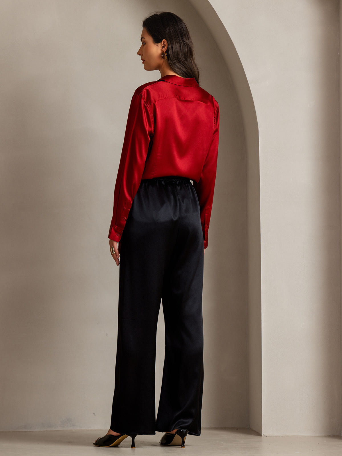 [Red] SilkSilky-AU Silk Long Sleeve Lapel Collar Women's Shirt 002