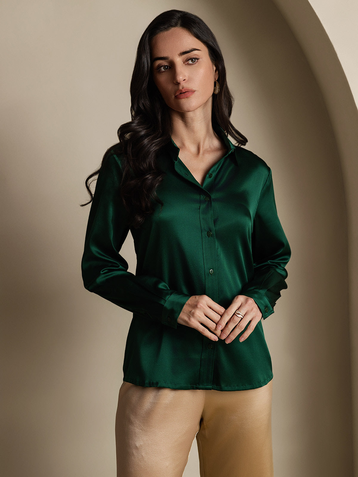 [Dark Green] SilkSilky-AU 19Momme Stretch Silk Charmeuse Long Sleeve Lapel Collar Women's Shirt 003