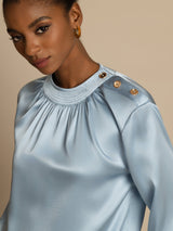 [Grayish Blue] SilkSilky-AU 19Momme Stretch Silk Charmeuse Long Sleeve Round Neck Blouse 006