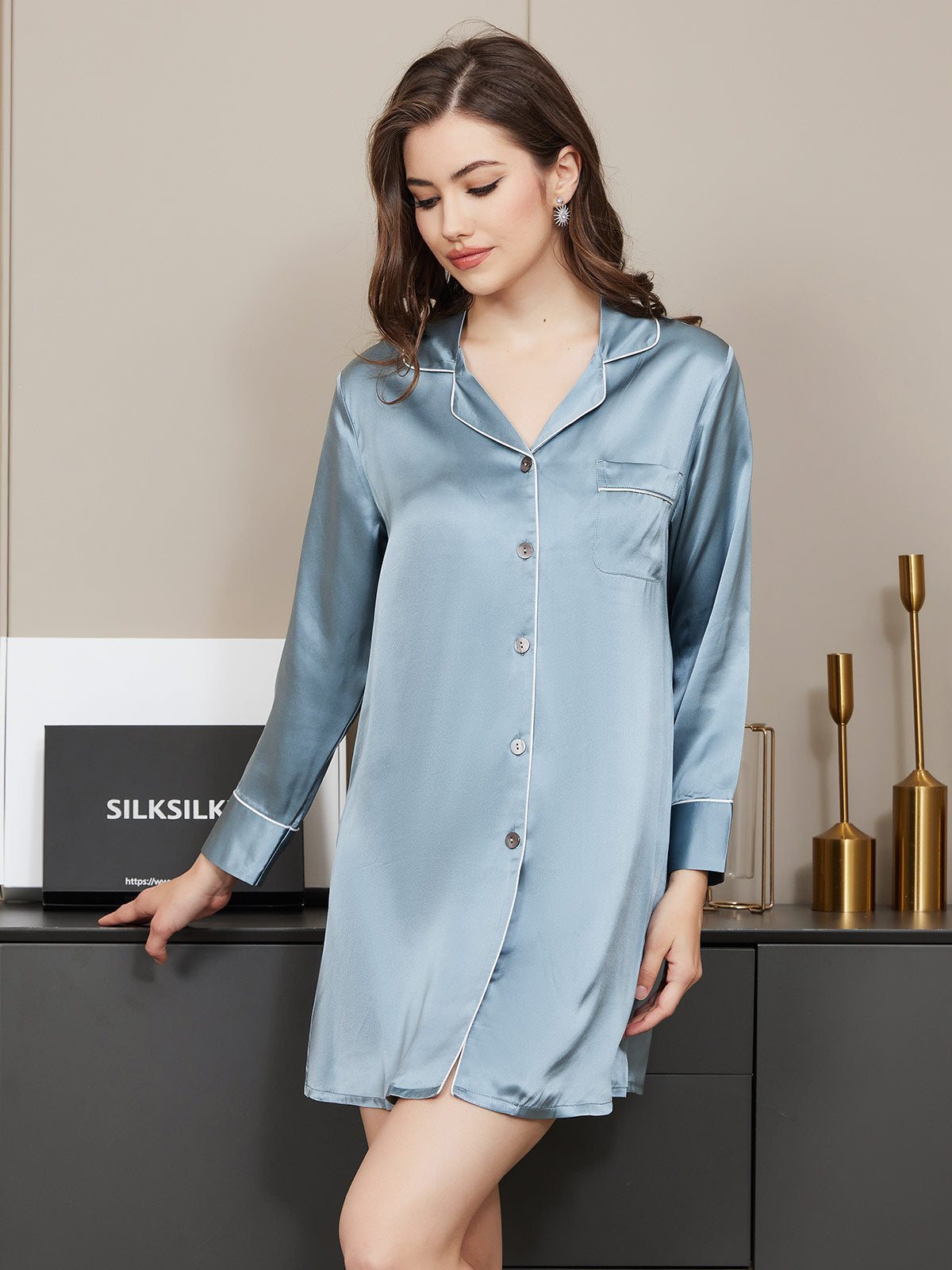 SilkSilky AU Pure Silk Long Sleeve Lapel Nightshirt SteelBlue 002